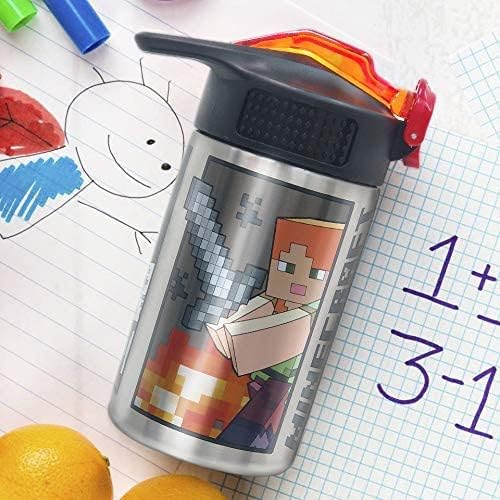 Zak Designs Minecraft - 15.5 oz Singal Wall Stainless Steel Water Bottle with One Hand Operation Action Lid and Built-in Carrying Loop, with Straw Spout is Perfect for Kids (Small)