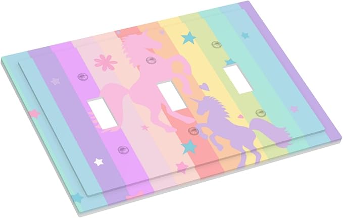 Cute Purple Pink Rainbow Unicorn 3 Gang Light Switch Cover Triple Toggle Wall Plate Decorative Electrical Switchplates Faceplate for Nursery Girls Boys Room Kids Room Home Decor