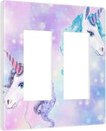 Cute Funny Cartoon Colorful Rainbow Purple/Blue Unicorn 2 Gang Double Decorator GFCI/Rocker Wall Plate Kawaii Princess Stars Electrical Outlet Decorative Receptacle Cover Light Switch for Dimmer, USB