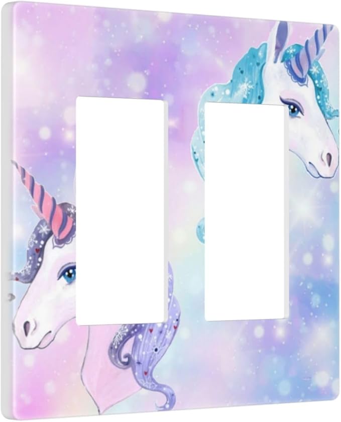 Cute Funny Cartoon Colorful Rainbow Purple/Blue Unicorn 2 Gang Double Decorator GFCI/Rocker Wall Plate Kawaii Princess Stars Electrical Outlet Decorative Receptacle Cover Light Switch for Dimmer, USB