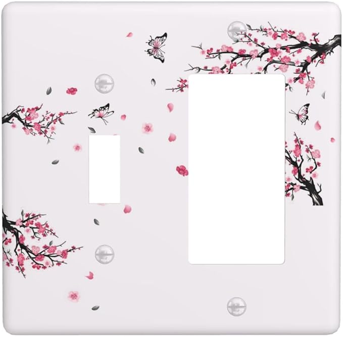 Pink Watercolor Cherry Blossom Flowe Tree Branch Floral Outlet Covers 1 Toggle 1 Rocker Combination Decorative Wall Plate Electrical Switch Plates Light Switch Cover Plate for Bedroom Living Room