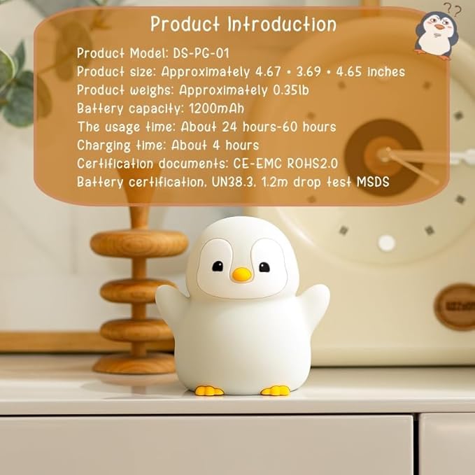 YR YRHH-PET Cute Penguin Night Light, LED Squishy Xmas Penguin Lamp, Food Grade Silicone Dimmable Nightlight, Kids Gray Penguins Light, Rechargeable Light Up Penguins Gifts, Kids Room College Decor