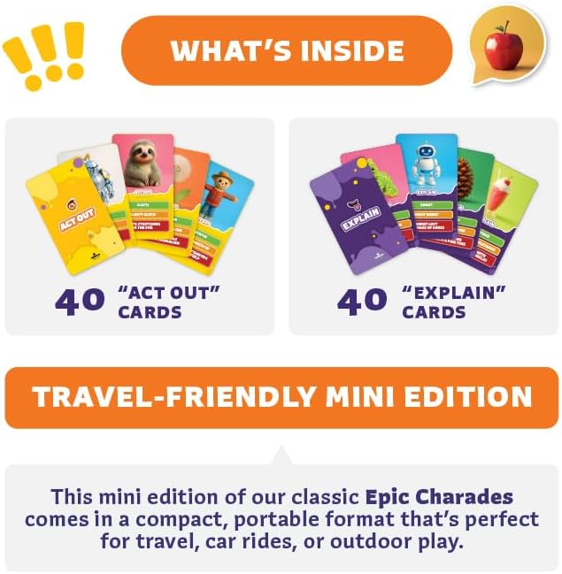 Epic Charades Mini Game for Kids Ages 6+ – Travel-Friendly Mini Edition – 80 Act Out & Explain Cards with Illustrations & Timer – Fun Educational Game for Family, Party, Classroom, Car Trips & Travel
