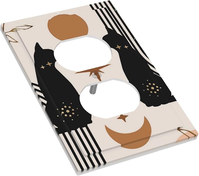 1 Gang Single Duplex Receptacle Outlet Cover Witchy Mystic Boho Mid Century Black Cat Moon Phase Lovely Leaf Animal Electrical Wall Plate One Gang Dual Device Light Switch Faceplate Socket Plug Cover