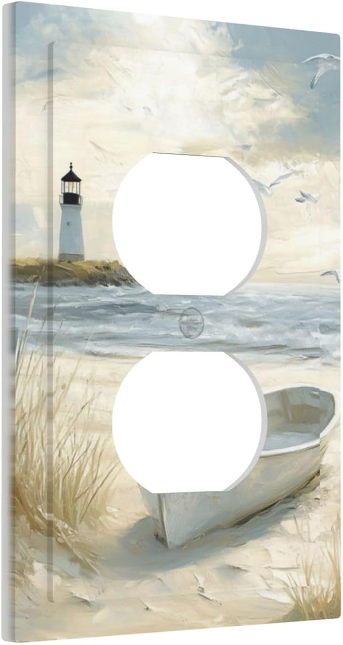 Sea Beach 1 Gang Electrical Duplex Outlet Covers Light Switch Cover Old Ship Reed Lighthouse Seascape Receptacle Wall Plate Decorative Faceplate for Country Bedroom Kitchen Living Room Decor