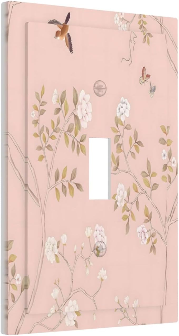 Pink Background Flowers Bird Butterflies Floral Decorative Light Switch Cover 1 Gang Single Toggle Device Electrical Faceplate Switchplates Decorator Outlet Wall Plate for Bedroom Living Room Decor