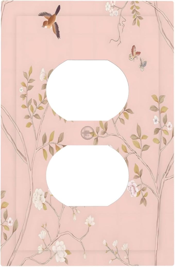 Pink Background Flowers Bird Butterflies Floral Outlet Covers 1 Gang Duplex Light Switch Cover Decorative Switch Plates Electrical Receptacle Faceplate Wall Plate for Bedroom Living Room Decor