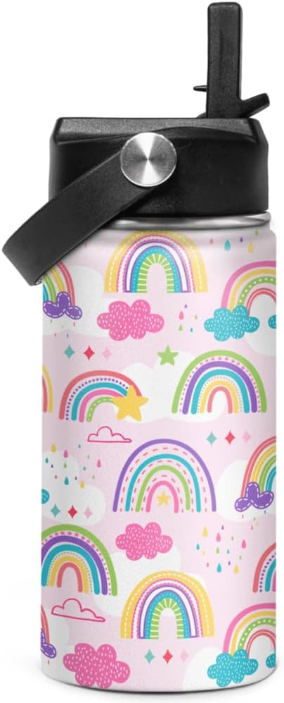 Kids Water Bottle Rainbow Water Bottles 12oz with Straw Insulated Stainless Steel Travel School Tumbler Double Wall Vacuum Cup for Girls Kid