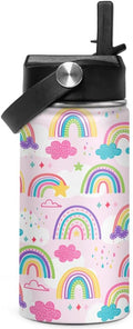 Kids Water Bottle Rainbow Water Bottles 12oz with Straw Insulated Stainless Steel Travel School Tumbler Double Wall Vacuum Cup for Girls Kid