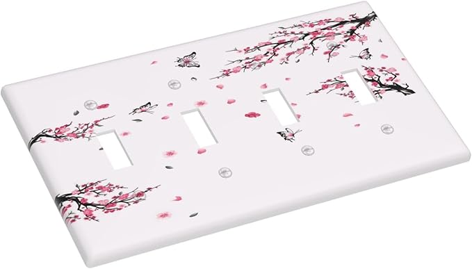 Pink Watercolor Cherry Blossom Flowe Tree Branch Floral Light Switch Covers Quad Toggle Electrical Faceplate 4 Gang Wall Plate Decorative Switch Plates Cover for Bedroom Living Room Decor
