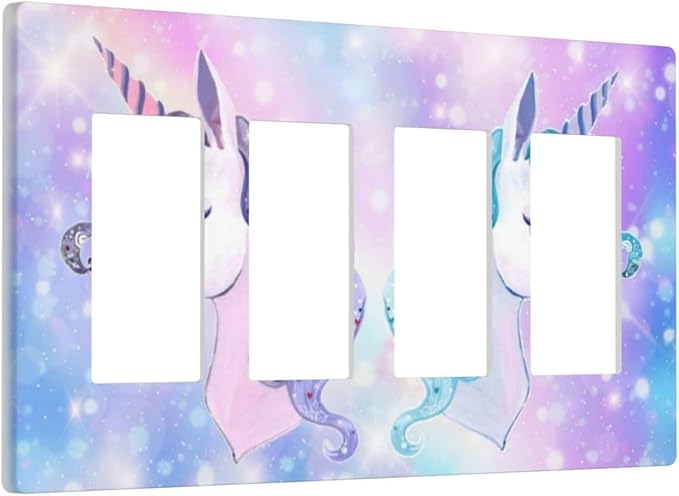 Girl Purple Pink Rainbow Blue Unicorn 4 Gang Quad Rocker Light Switch Cover Decorative Quadruple Device GFCI/Decorator Wall Plate Electric Faceplate Screwless