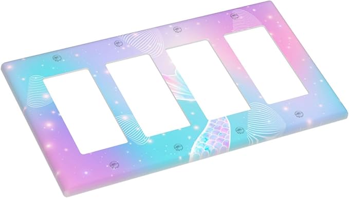 Mermaid 4 Gang Light Switch Cover Rainbow Tail Scales Jelly Fish Quad Rocker Outlet Covers Switchplates Wall Plate Decorative Electrical Faceplate for Nursery Girls Boys Room Kids Room