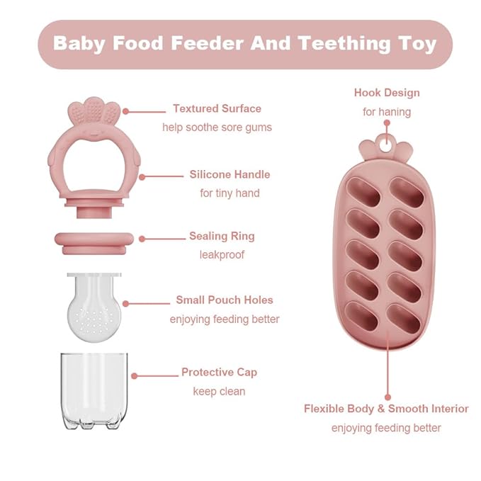 Baby Food Fruit Feeder with Freezer Tray Breastmilk Popsicle Molds Silicone Fruit Feeder for Self Feeding Teething Relief Toys (Pink)