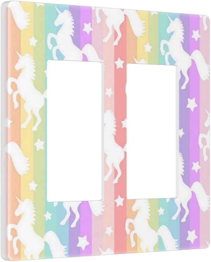 Colorful Kids Girl Cute Rainbow Purple Pink Yellow Stripes Unicorn 2 Gang Screwless Double Decorator/GFCI Wall Plate Rocker Outlet Light Switch Decorative Two Dual Device Receptacle Face Plate Cover