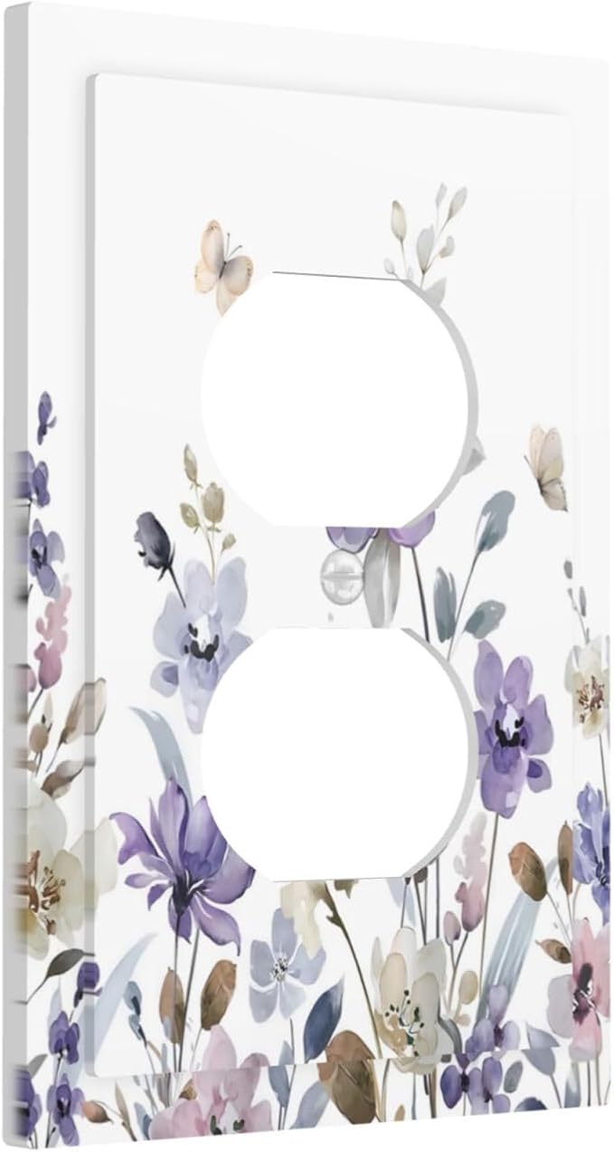 Purple Watercolor Flower Floral Butterfly Outlet Covers 1 Gang Duplex Light Switch Cover Decorative Switch Plates Electrical Receptacle Faceplate Wall Plate for Bedroom Living Room Decor