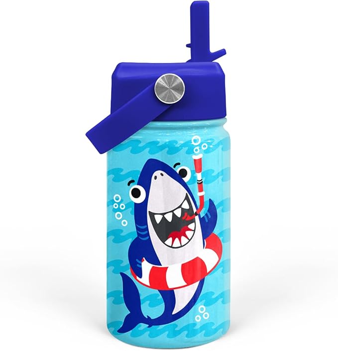 SANDJEST Shark Water Bottle - Kids Water Bottle with Straw Lid - 12 Oz Insulated Stainless Steel Water Bottles for Toddlers Kid Boys - Travel Cup for School Sports