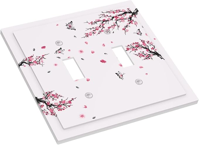 Pink Watercolor Cherry Blossom Flowe Tree Branch Floral Decorative Switch Plates 2 Gang Double Toggle Outlet Light Switch Cover Wall Plate Electrical Faceplate for Bedroom Living Room Decor