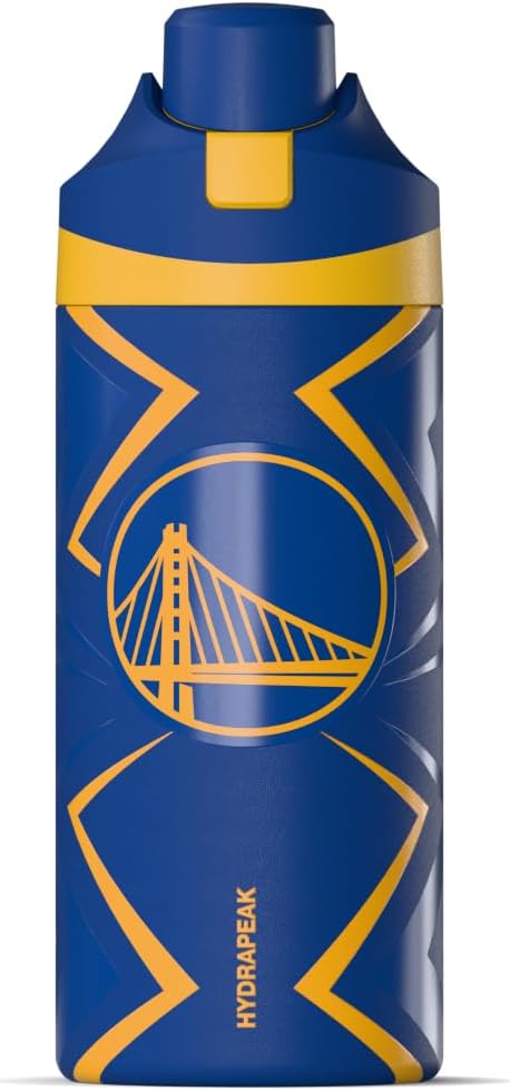 Hydrapeak x NBA Officially Licensed Golden State Warriors Oasis 20 oz Insulated Kids Water Bottle, Stainless Steel Water Bottle Kids with Chug Lid, Push Button