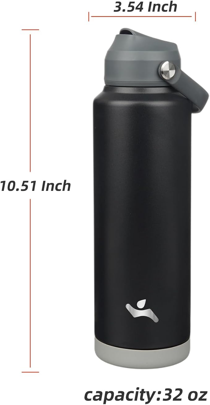 Konokyo Insulated Water Bottle with Straw Lid,40 oz Stainless Steel Vacuum Metal Bottle with Silicone Handle,Black