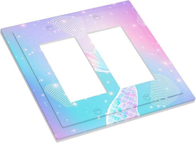 Mermaid Double Rocker Light Switch Cover Rainbow Tail Scales Jelly Fish 2 Gang Outlet Covers Switchplates Decorative Electrical Wall Plate for Nursery Girls Boys Room Kids Room
