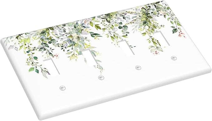 Light Switch Covers Green Eucalyptus Leaves Floral Wildflower Quad Toggle Electrical Faceplate 4 Gang Wall Plate Decorative Switch Plates For Bed Room Living Room Decor