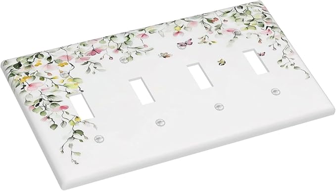 Watercolor Flowers Vine Colorful Butterfly Floral Light Switch Covers Quad Toggle Electrical Faceplate 4 Gang Wall Plate Decorative Switch Plates For Bed Room Living Room Decor