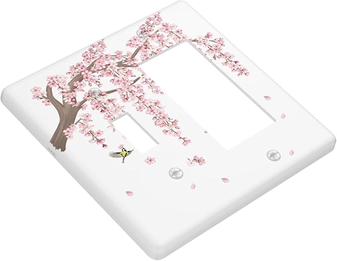 Pink Flower Tree Branch Cherry Blossom Tree Floral Birds Outlet Covers 1 Toggle 1 Rocker Combination Decorative Wall Plate Electrical Switch Plates Light Switch Cover Plate for Bedroom Living Room
