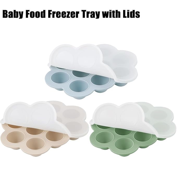 PandaEar 3-Pack Silicone Baby Food Freezer Trays with Lids - 10 Small Portions per Tray (Approx. 1oz/1.5-2 tbsp) - Flexible Storage Container for Breast Milk & Purees, Blue/Green/Beige
