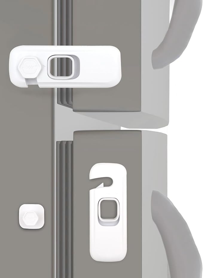 Fridge Child Lock for Refrigerator, Freezer and Cabinet, 2 Pack Adhesive Baby Proof Latches, White