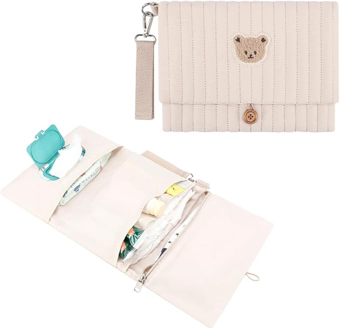 MOMIGO Baby Diaper Bag Organizer Pouches - Waterproof Pod Foldable Diaper Organizer Set, Cute Bear Bag Gift for Baby Shower (Khaki)