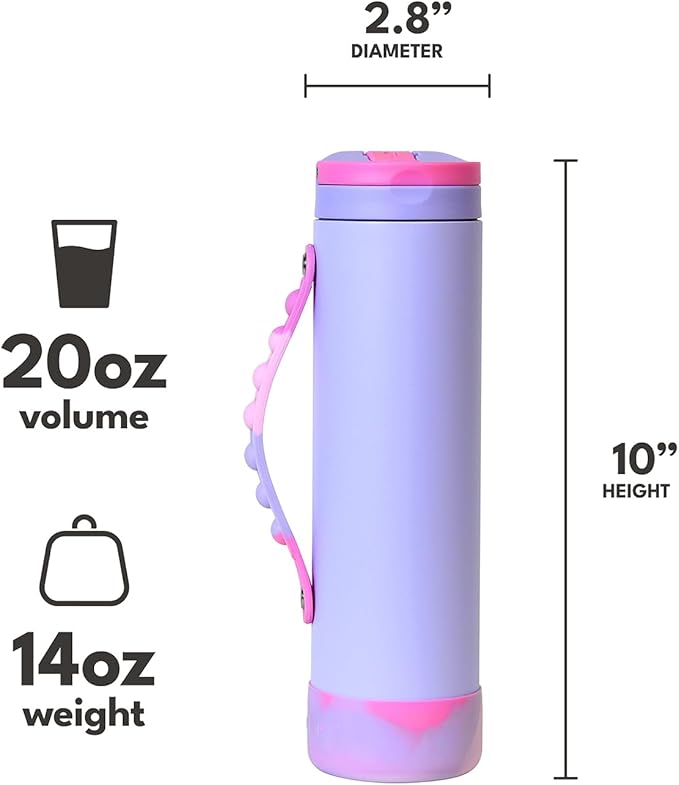 Elemental Iconic Kids Water Bottle for School - 100% Leak-Proof Insulated Water Bottles with Straw Lid & Pop-It Handle for Boys & Girls - Triple-Wall Insulated & BPA-Free, 20oz – Lilac Tie Dye