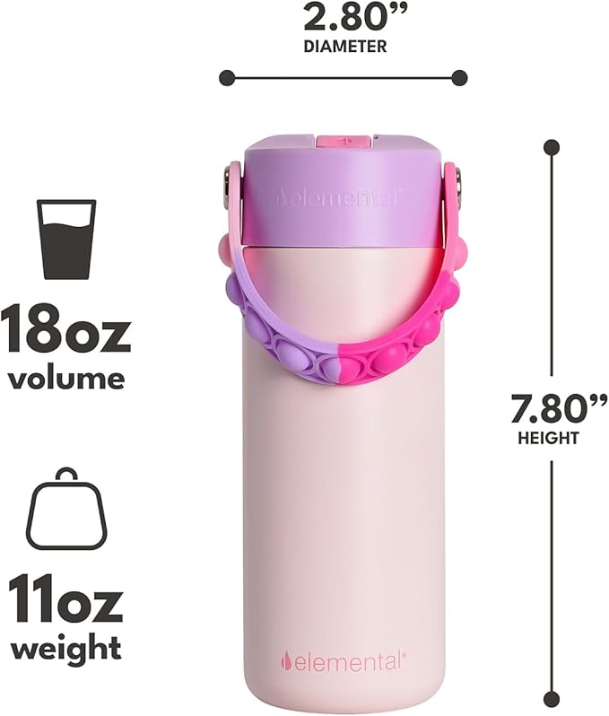 Elemental 100% Leak Proof When Spout is Closed Insulated Kids Water Bottle, Stainless Steel Bottle for School with Straw Lid & Pop-It Handle, Pink Tie Dye & Unicorn Rainbow -18oz (2 Pack)