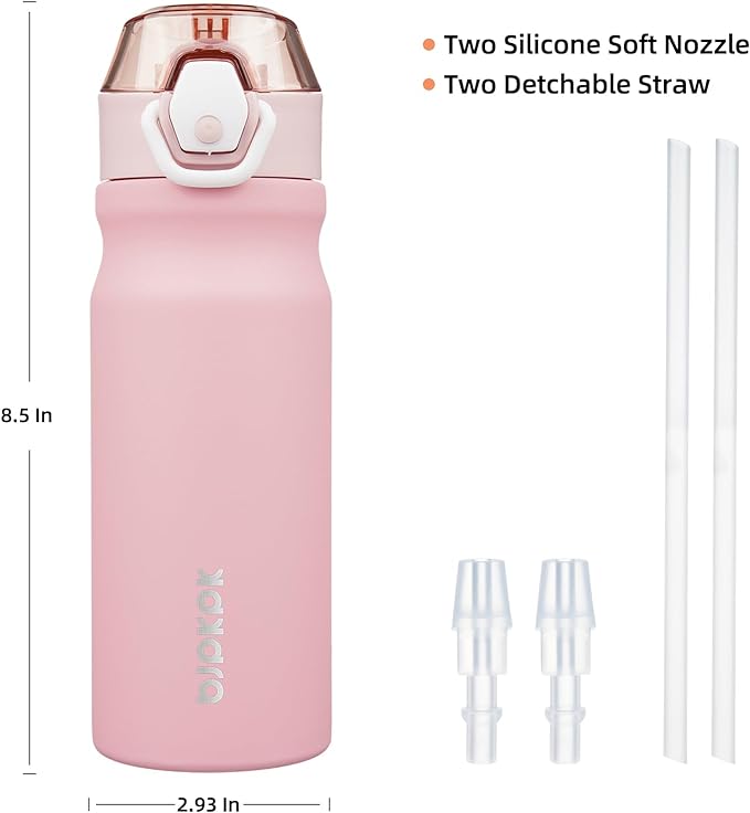 BJPKPK Water Bottle with Straw 18oz Insulated Water Bottles Reusable Stainless Steel Metal Thermal Flask with Leak Proof Lockable Lid and Carry Handle,Light Pink