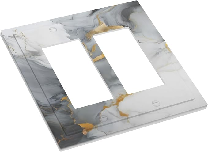 Gold Marble Grey Art Abstract Luxury Print Decorative Outlet Covers 2 Gang Double GFCI Rocker Electrical Wall Panels Light Switch Cover Plate for Kitchen Bathroom Decor