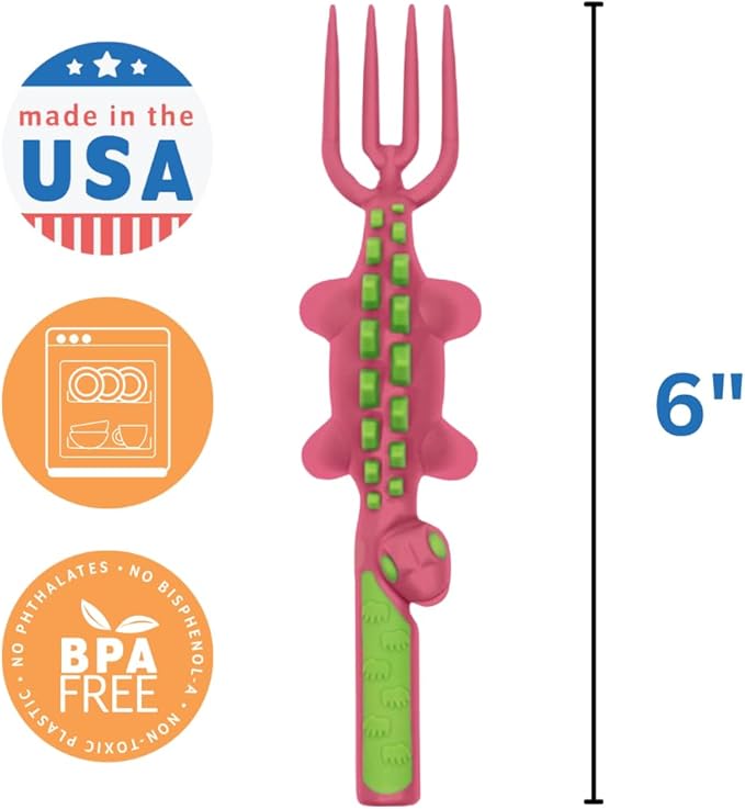 Constructive Eating Plate and Utensils Set - USA-Made Toddler Dinnerware with Divided Plates (Pink Dinosaur)
