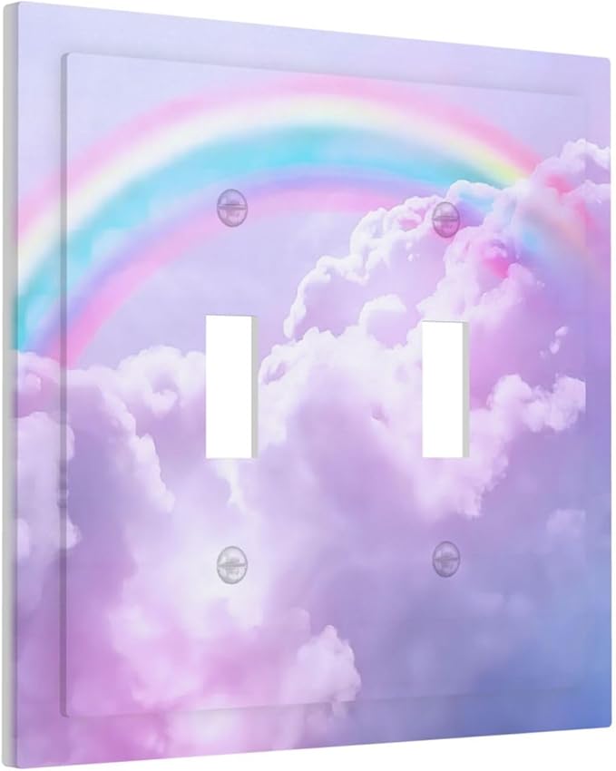 Rainbow in the Clouds 2 Gang Double Toggle Wall Plates Pink Art Panel Light Switch Cover Decorative Purple Cloud Electrical Switchplate Faceplate Cute Dimmer for Bedroom Kidroom Nursery Decor