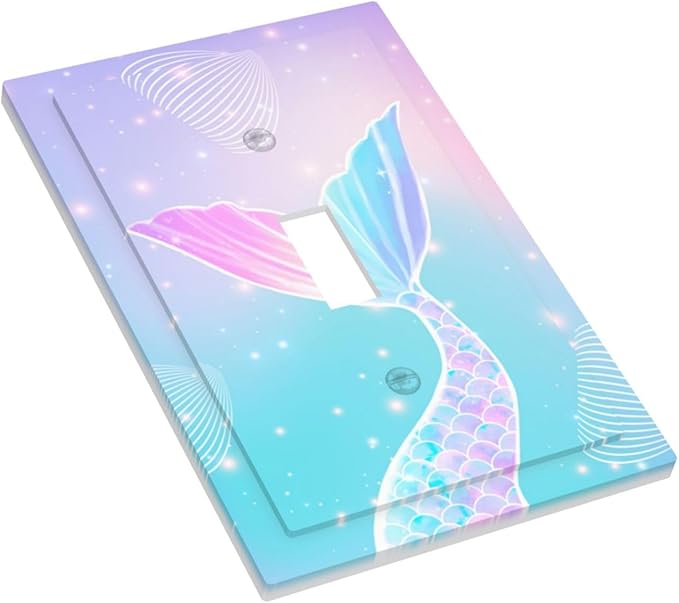 Mermaid 1 Gang Light Switch Cover Single Toggle Wall Plate Rainbow Tail Scales Jelly Fish Decorative Electrical Switchplate Covers for Nursery Girls Boys Room Kids Room Decor