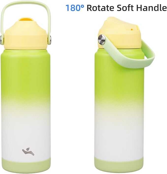 Konokyo Insulated Water Bottle with Straw Lid,24 oz Stainless Steel Vacuum Metal Bottle with Silicone Handle,GreenWhite