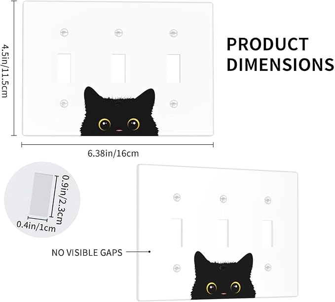 Cute Cat Black Light Switch Cover Plates Decorative Triple Toggle Wall Plate, 3 Gang Lightswitch Cover