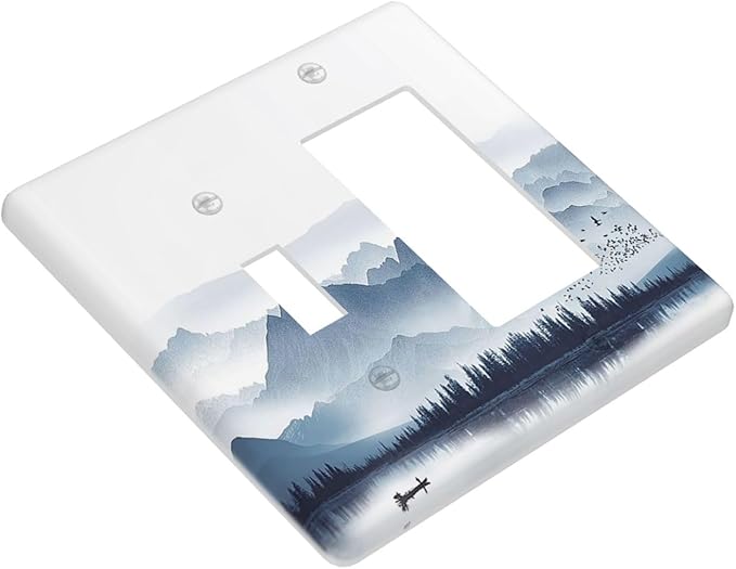 Outlet Covers Mountain Foggy Lake Boat Grey Blue Forest Birds 1 Toggle 1 Rocker Combination Decorative Wall Plate Light Switch Cover Plate Electrical Switch Plates for Bedroom living Room