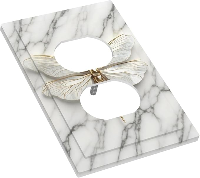 White Gold Marble Dragonfly Abstract Modern Outlet Covers 1 Gang Duplex Light Switch Cover Decorative Switch Plates Electrical Receptacle Faceplate Wall Plate for Bathroom Home Decor