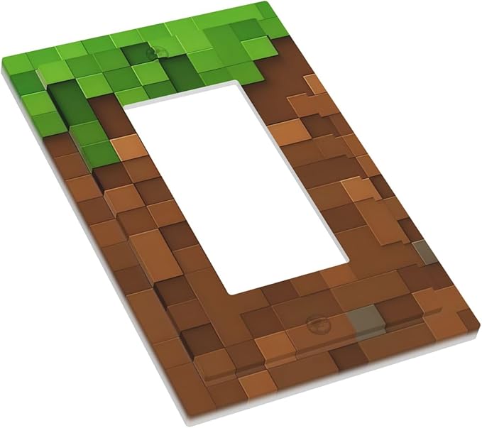 Pixel Style Gamer Themed Grass Block Decorative Outlet Covers 1 Gang Single Rocker Light Switch Cover Plate Wall Plates GFCI Faceplate for Kids Room Office Home Decor