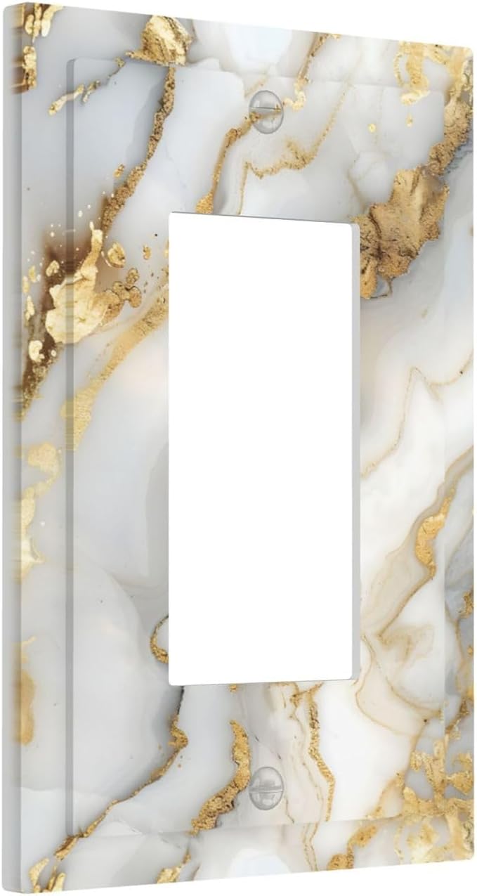 Luxurious White Gold Marble Patterns Abstract Decorative Outlet Covers 1 Gang Single Rocker Light Switch Cover Plate Wall Plates GFCI Faceplate for Bathroom Kitchen Decor