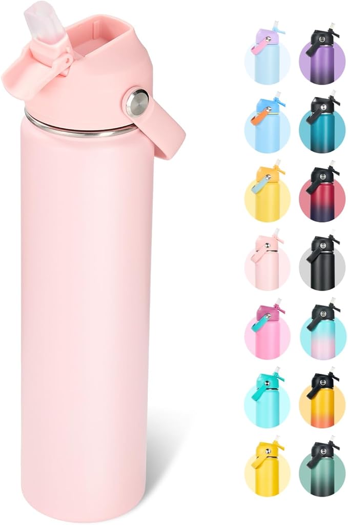 Fijinhom 24oz Insulated Stainless Steel Water Bottle, Wide Mouth Double Wall Vacuum, Silicone Straw, Sweat & Leak Proof, BPA Free Insulated Water Flask for Travel, Keep Cold 24h Hot 12h, Coral Pink