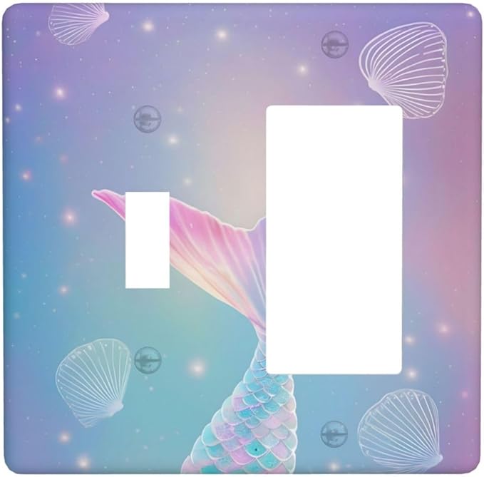 Cute Mermaid Pink Tail Scales Shells Colorful Ocean Outlet Covers 1 Toggle 1 Rocker Combination Decorative Wall Plate Electrical Switch Plates Light Switch Cover Plate for Kids Room Nursery Decor