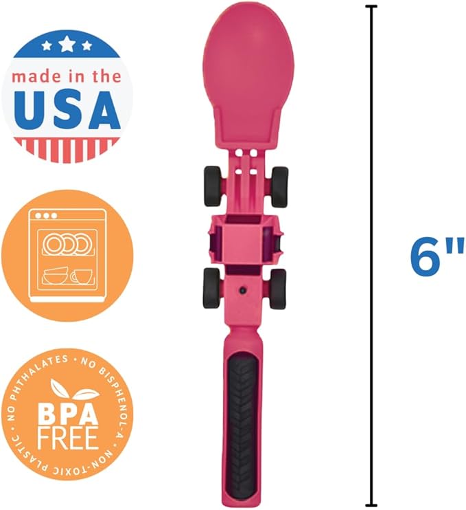 Constructive Eating Plate and Utensils Set - USA-Made Toddler Dinnerware with Divided Plates (Pink Construction)