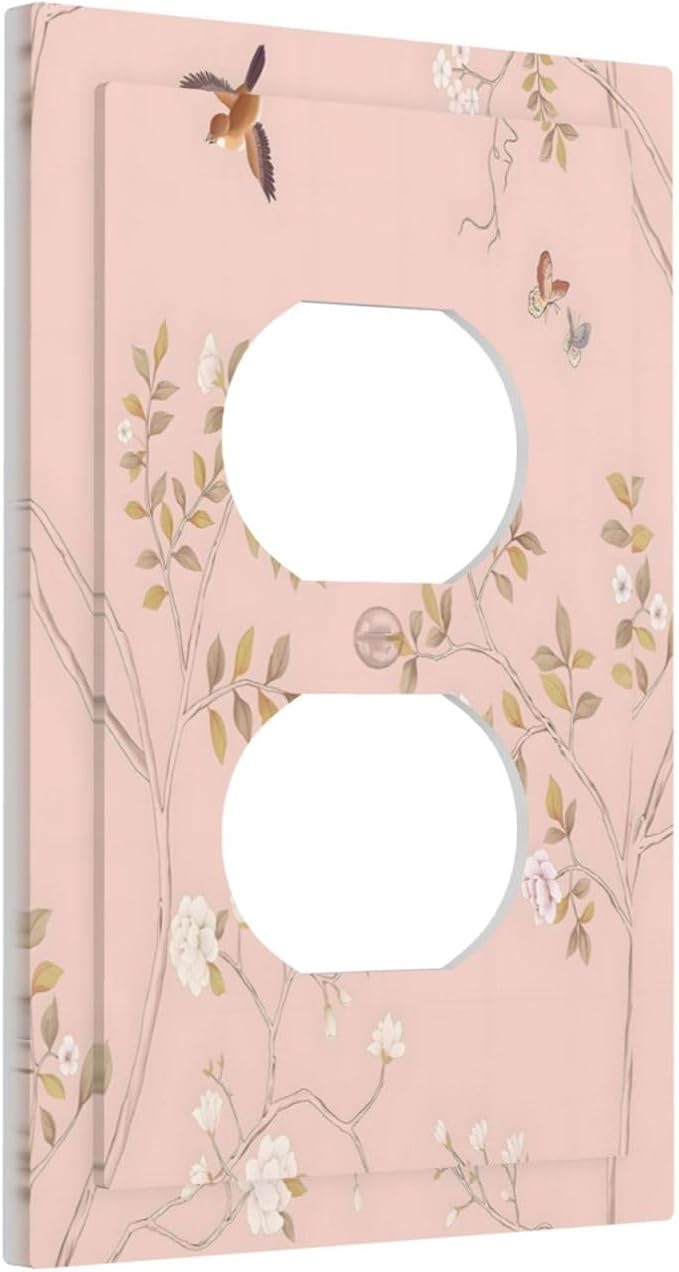 Pink Background Flowers Bird Butterflies Floral Outlet Covers 1 Gang Duplex Light Switch Cover Decorative Switch Plates Electrical Receptacle Faceplate Wall Plate for Bedroom Living Room Decor