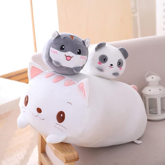 Cat Plush Pillow, Soft White Cat Stuffed Animal Toy Cylindrical Body Pillow Gifts for Kids, 23.6"