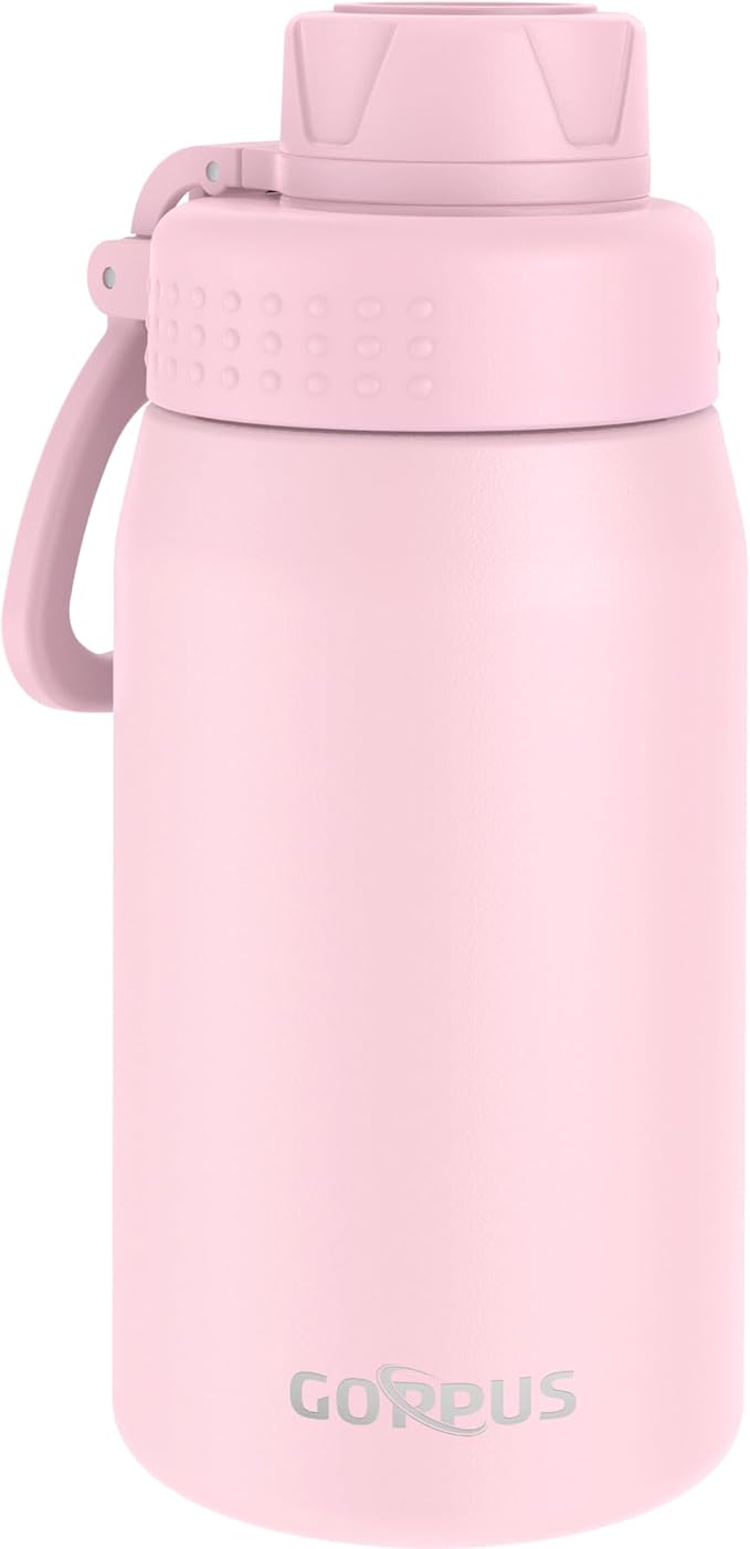 GOPPUS 15oz Kids Water Bottle with Spout Lid, Toddler Water Bottle, Stainless Steel Insulated Water Bottle, Leakproof, BPA Free, Suitable for Boys and Girls for School（Pink）
