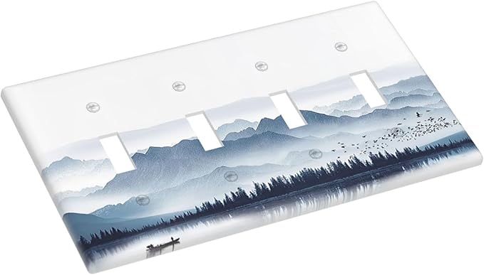 Light Switch Covers Mountain Foggy Lake Boat Grey Blue Forest Birds Quad Toggle 4 Gang Wall Plate Electrical Faceplate Decorative Switch Plates for Bedroom living Room Decor